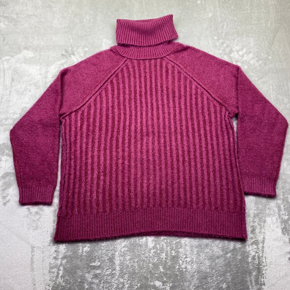 Free People Big City Striped Fuzzy Turtleneck Sweater Magenta Ribbed Knit Cozy M